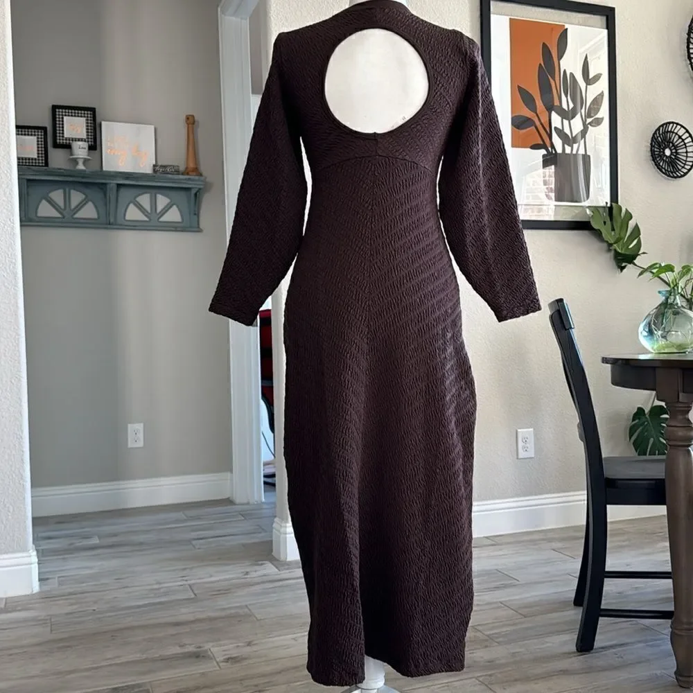 free people gabby seamless midi dress NWOT Free People Gabby Seamless MIDI Dress Brown Long Sleeve Texture Open  Back
